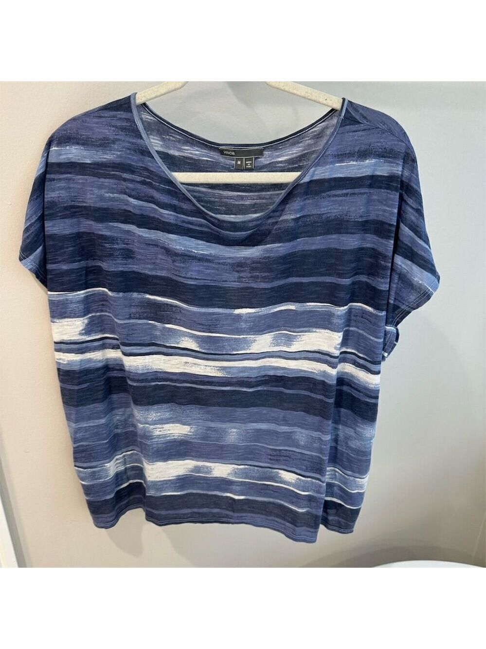 Vince Women's Blue Striped V-Neck T-Shirt Sheer Shoulder Detail Size M